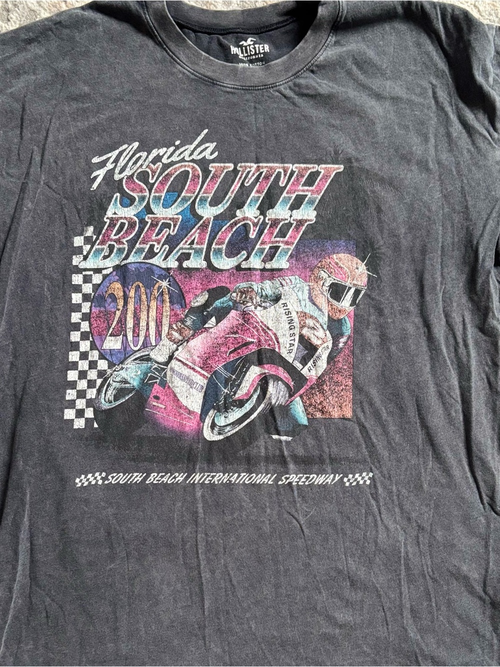 Hollister Womenβs M Gray Crewneck Tee with Pink & Blue Motorcycle Graphic